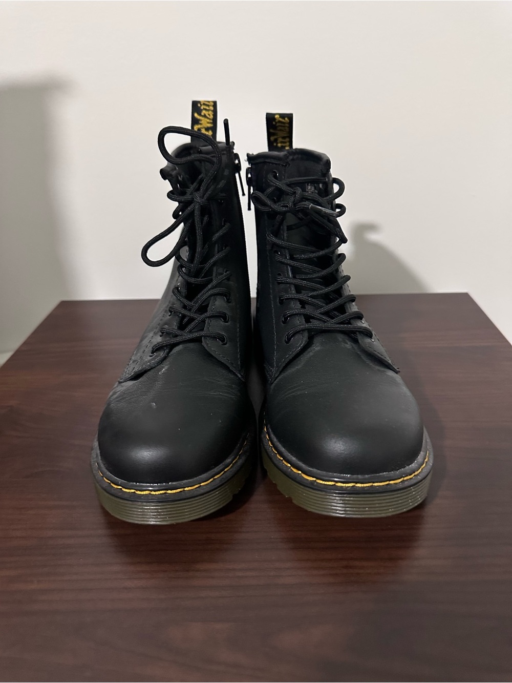 Dr. Martens Black Lace-Up Combat Boots with Yellow Stitching